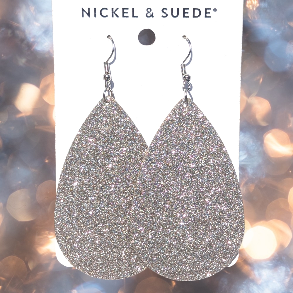 NEW Nickel & Suede Sparkling Silver Teardrop Earrings Size Med. 2.5"